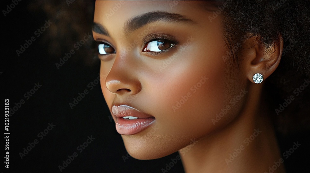 A close-up of a woman's face wearing a diamond earring on the left side of her ear A close-up of a woman's face wearing a diamond earring on the left side of her ear