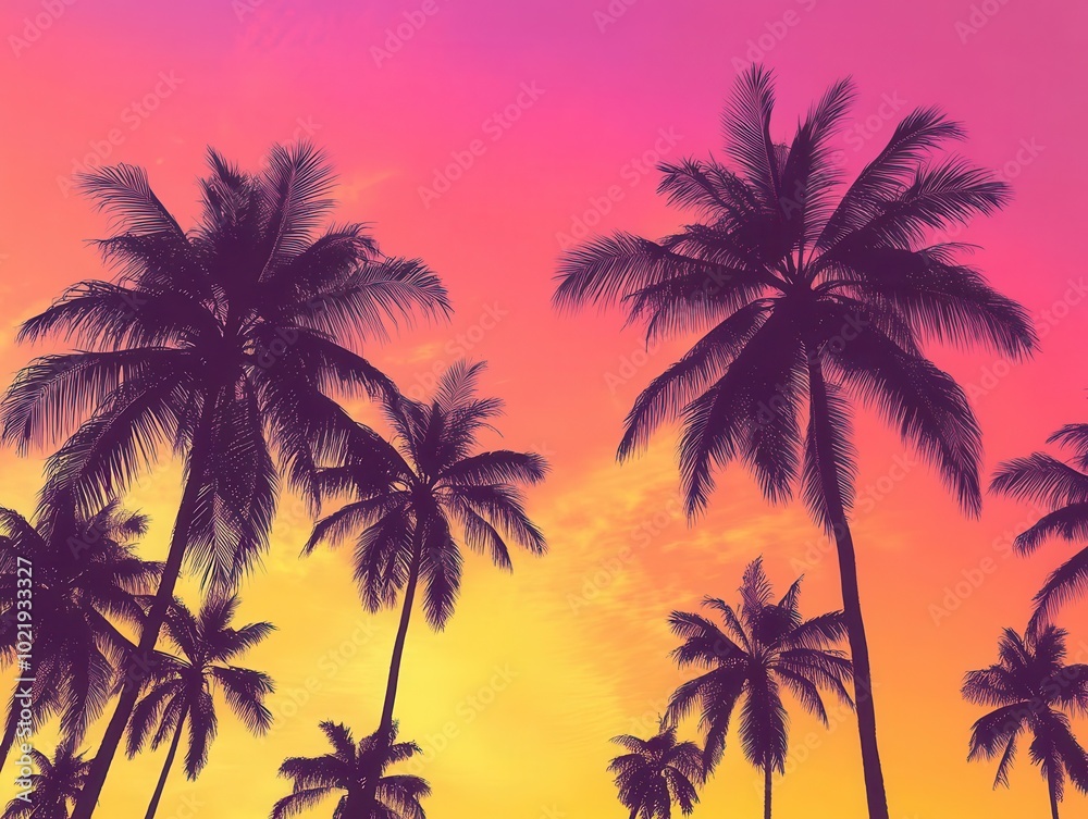 silhouettes of majestic palm trees against a vibrant sunset sky. graceful fronds and slender trunks create a striking tropical skyline with warm oranges, pinks, and purples. silhouettes of majestic palm trees against a vibrant sunset sky. graceful fronds and slender trunks create a striking tropical skyline with warm oranges, pinks, and purples.