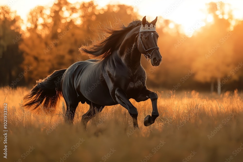 A Majestic Black Horse Galloping Through a Field, With a Royal Crown Shining in the Sunlight on Its Head A Majestic Black Horse Galloping Through a Field, With a Royal Crown Shining in the Sunlight on Its Head
