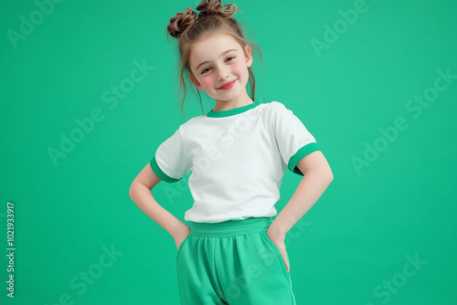 Person in white t-shirt with green edges and green sweatpants, green studio background, half-body portrait