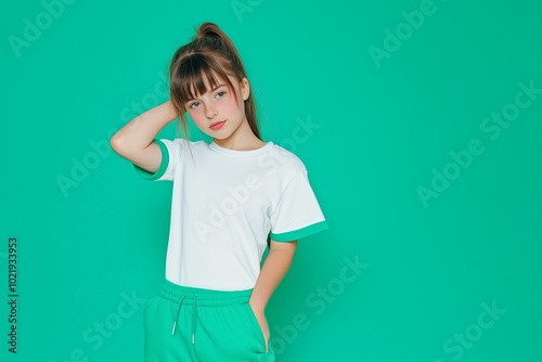 Person in white t-shirt with green edges and green sweatpants, green studio background, half-body portrait