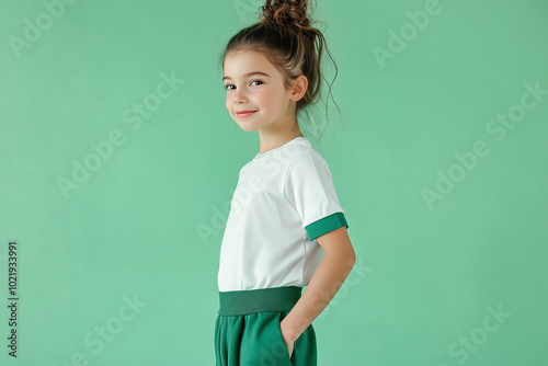 Person in white t-shirt with green edges and green sweatpants, green studio background, half-body portrait