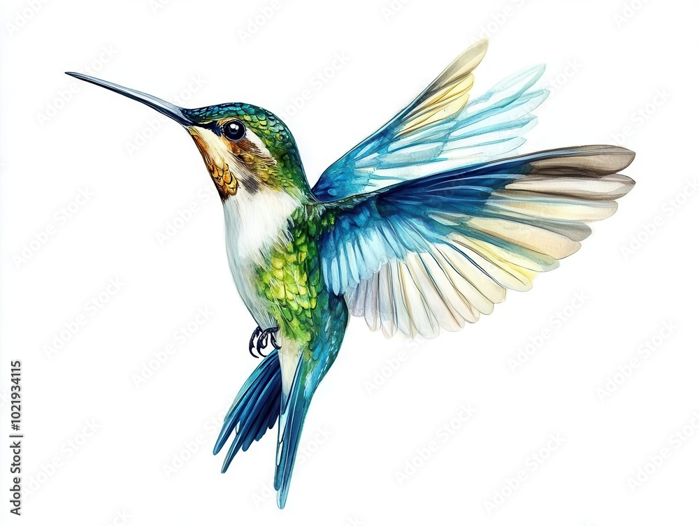Fototapeta premium a beautifully rendered hummingbird captured mid-flight with delicate details on its feathers, set against a stark white background, symbolizing grace and freedom in nature