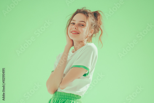 Person in white t-shirt with green edges and green sweatpants, green studio background, half-body portrait