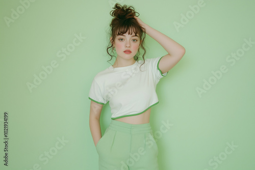 Person in white t-shirt with green edges and green sweatpants, green studio background, half-body portrait