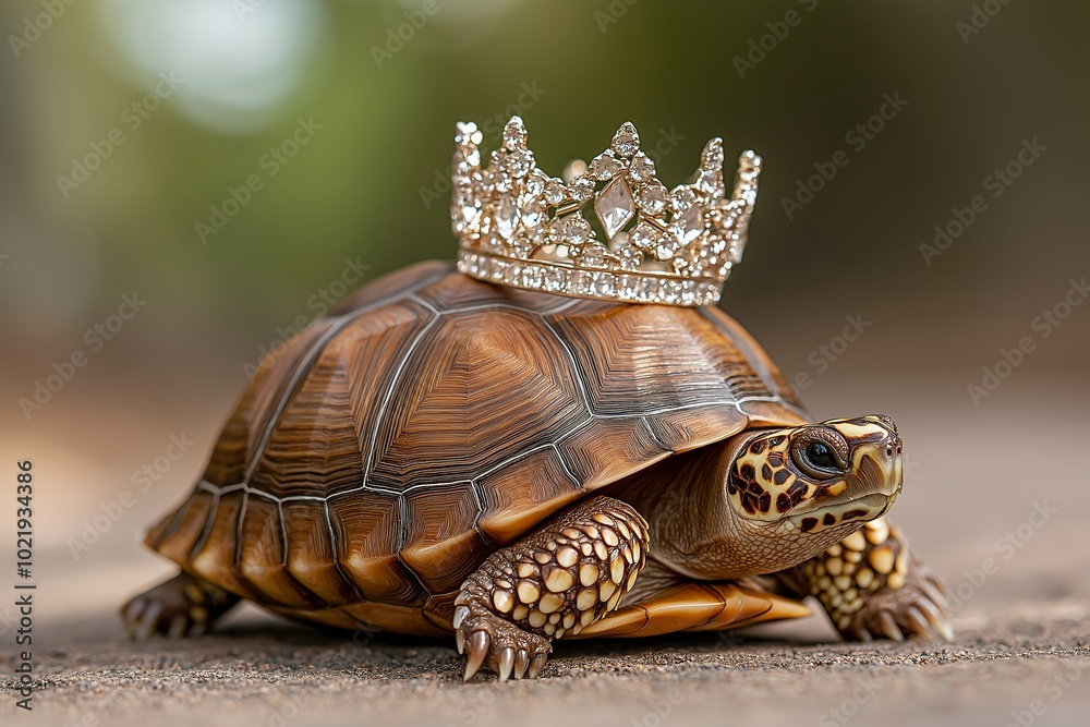 Obraz premium A Royal Tiara Resting on the Shell of a Turtle, Slowly Moving Through a Garden Path