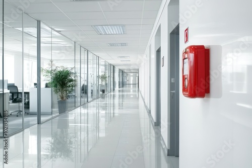 Modern Office Corridor with Fire Safety Equipment