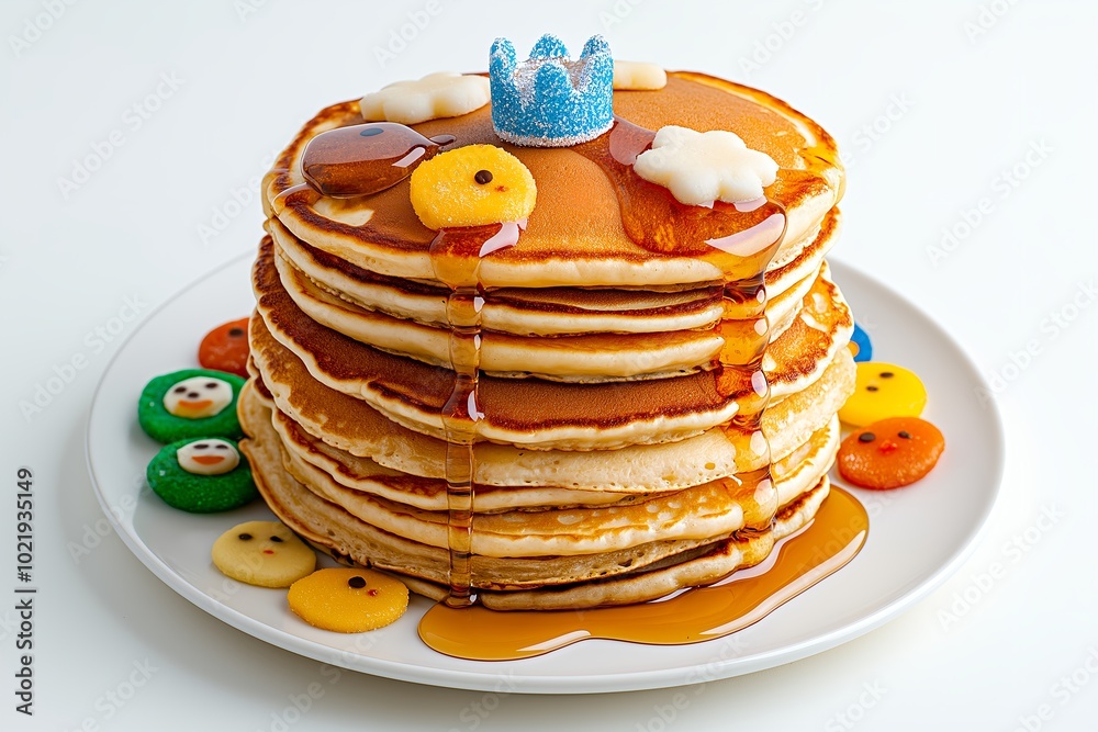 A Stack of Golden Pancakes Topped With a Tiny Edible Crown Made of Sugar, on a White Plate With Syrup Dripping Down A Stack of Golden Pancakes Topped With a Tiny Edible Crown Made of Sugar, on a White Plate With Syrup Dripping Down
