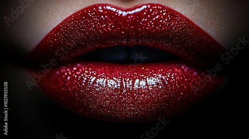  Close-up of a woman's lips with red glitter on both upper and lower lips