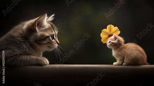 A fluffy gray cat rests its paws on the edge, gazing intently at a bright yellow flower. Soft lighting enhances the serene atmosphere of the textured green backdrop photo