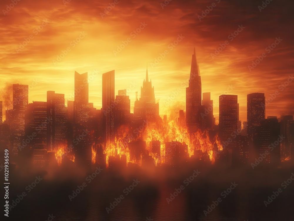 Fototapeta premium a dystopian cityscape engulfed in flames and smoke, depicting destruction and chaos, with shadowy silhouettes of buildings contrasting against the fiery sky, evoking a haunting and dramatic atmosphere