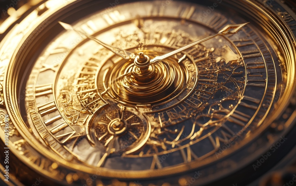 A close-up of an ornate golden clock face with intricate details and Roman numerals. A close-up of an ornate golden clock face with intricate details and Roman numerals.