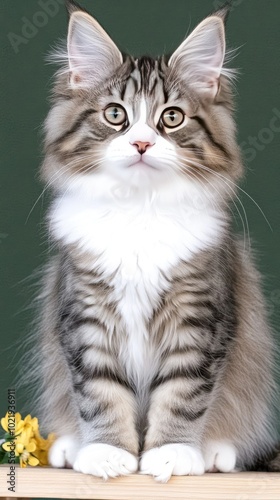 A fluffy gray cat rests its paws on the edge, gazing intently at a bright yellow flower. Soft lighting enhances the serene atmosphere of the textured green backdrop