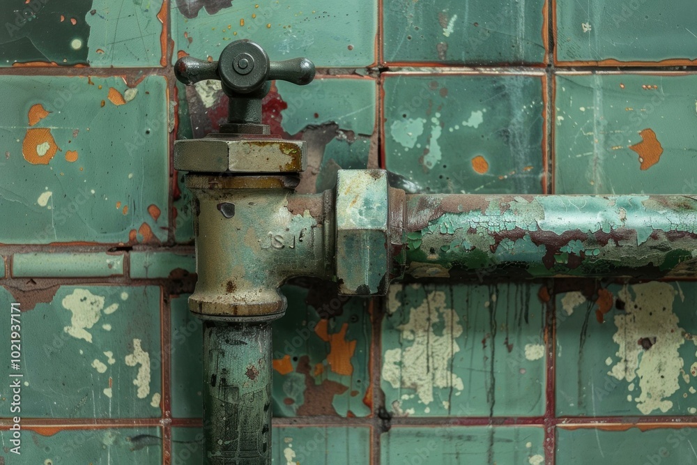 Old rusty water pipe with a valve is attached to a green tiled wall with peeling paint Old rusty water pipe with a valve is attached to a green tiled wall with peeling paint