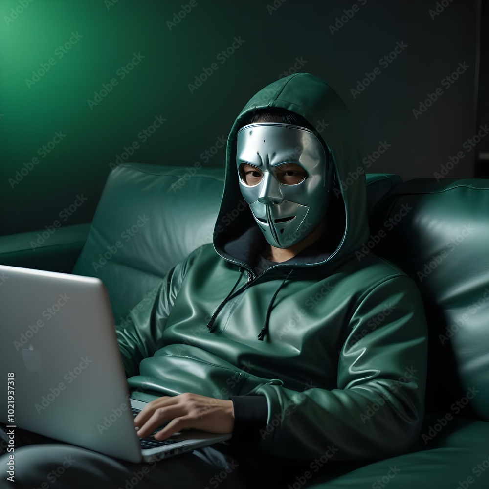 Focused Asian Male in Black Hacking Mask and Grey Hoodie Using Silver Laptop with Green Code in Dimly Lit Room Focused Asian Male in Black Hacking Mask and Grey Hoodie Using Silver Laptop with Green Code in Dimly Lit Room