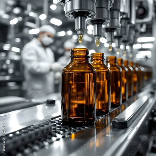 High-Tech Pharmaceutical Production Line: Amber Glass Bottles Being Filled with Liquid Medicine on a Sterile Conveyor Belt