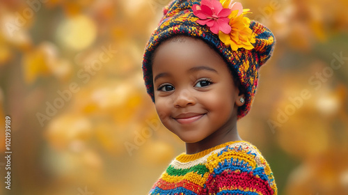 Autumn vives cute little black girl wearing comfy sweater and knitted cap, smiling at the camera	
 photo