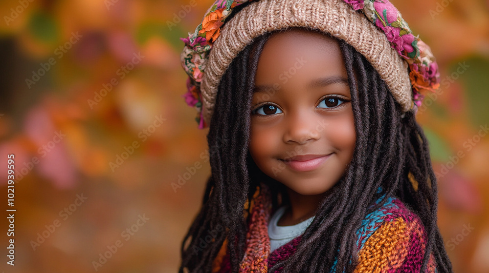 Autumn vives cute little black girl wearing comfy sweater and knitted cap, smiling at the camera
Autumn vives cute little black girl wearing comfy sweater and knitted cap, smiling at the camera