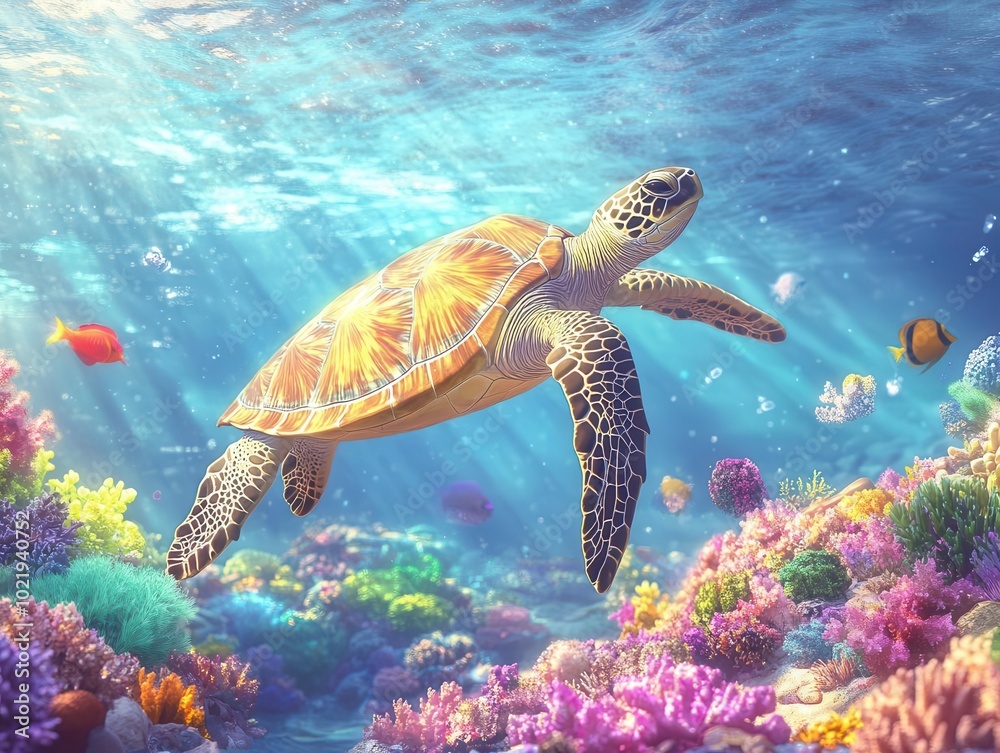 Obraz premium a tranquil underwater scene featuring a majestic sea turtle gliding among vibrant coral reefs and colorful fish, showcasing the beauty of marine life in a serene environment
