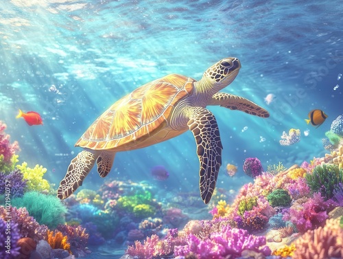 a tranquil underwater scene featuring a majestic sea turtle gliding among vibrant coral reefs and colorful fish, showcasing the beauty of marine life in a serene environment