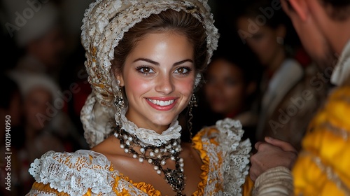 Beautiful woman in traditional historical costume, smiling and looking at the camera.