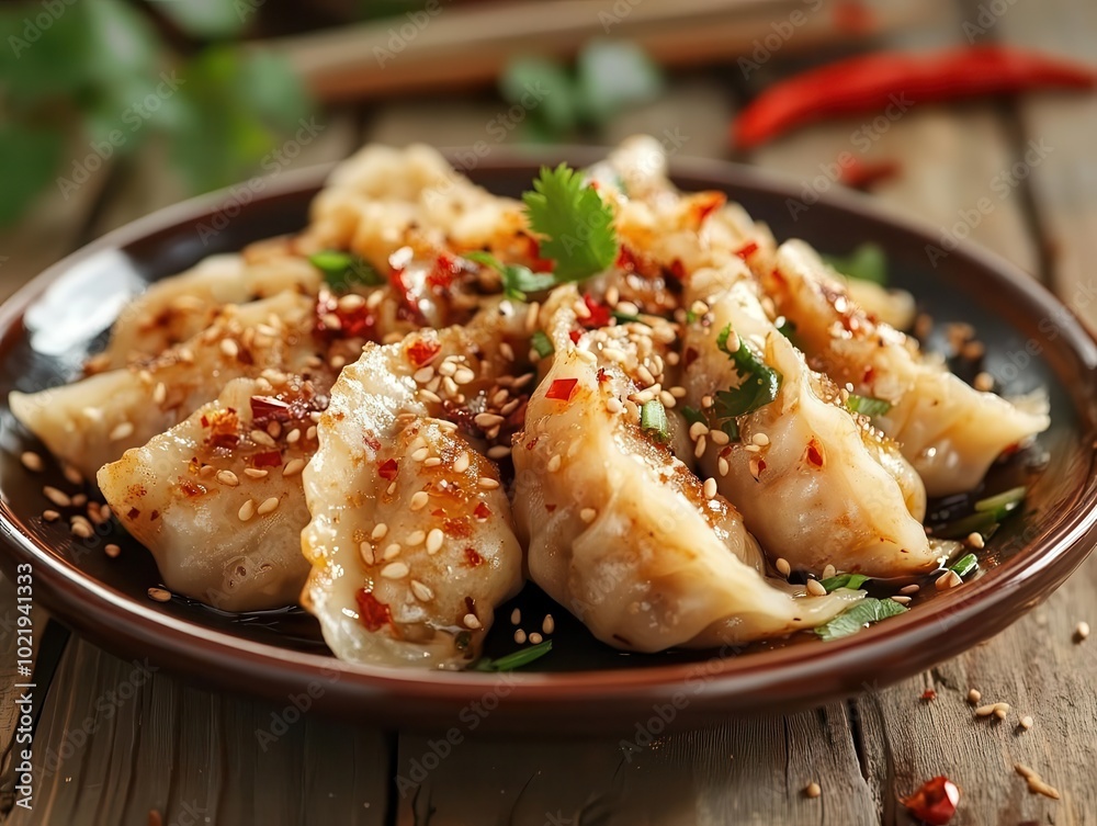 a vibrant plate of delicious dumplings garnished with sesame seeds and chili flakes, set on a rustic wooden table, evoking warmth and culinary delight under soft natural lighting a vibrant plate of delicious dumplings garnished with sesame seeds and chili flakes, set on a rustic wooden table, evoking warmth and culinary delight under soft natural lighting