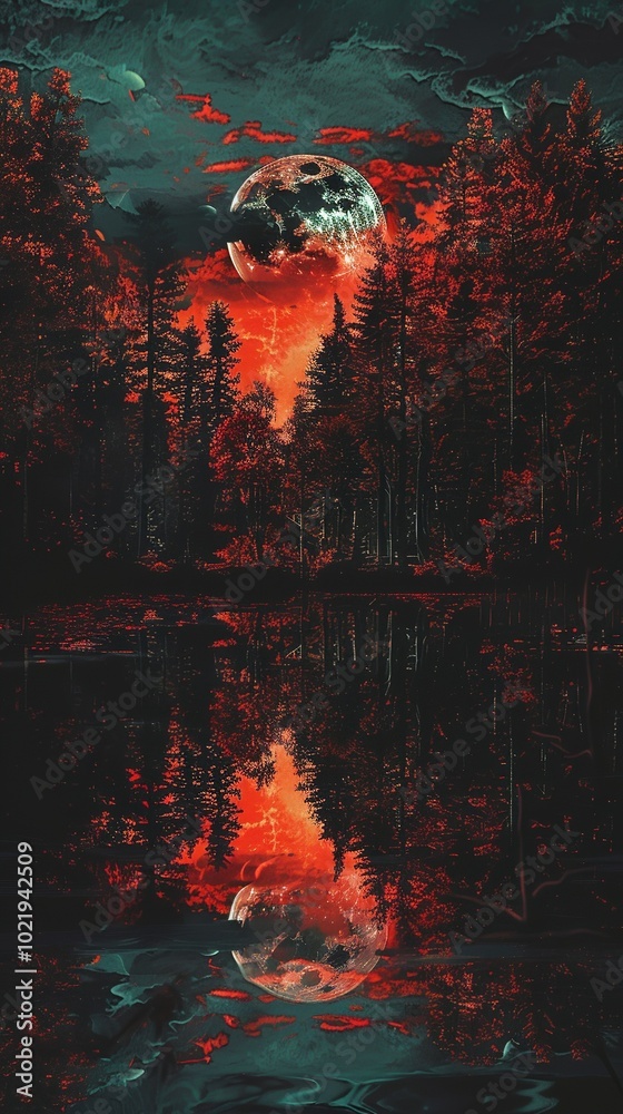 Fototapeta premium Halloween pumpkin in the woods, red sky with moon reflection on water in the...