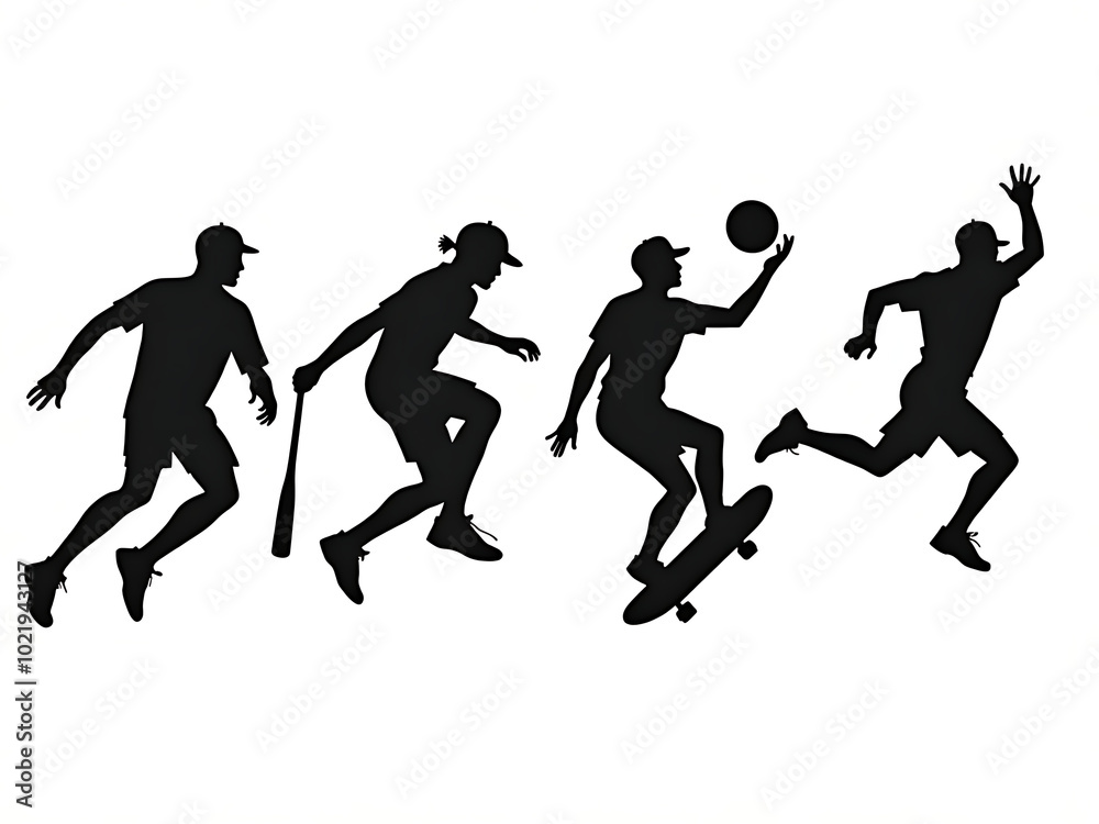 Black & white Silhouettes of athletes in sports like soccer, basketball, tennis, and skateboarding. Black & white Silhouettes of athletes in sports like soccer, basketball, tennis, and skateboarding.