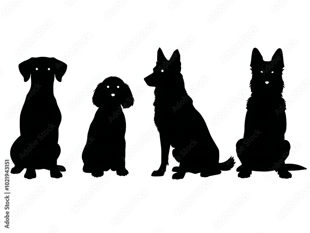 Black and white Silhouettes of various dog breeds like Labradors, Dachshunds, Poodles, and German. Black and white Silhouettes of various dog breeds like Labradors, Dachshunds, Poodles, and German.