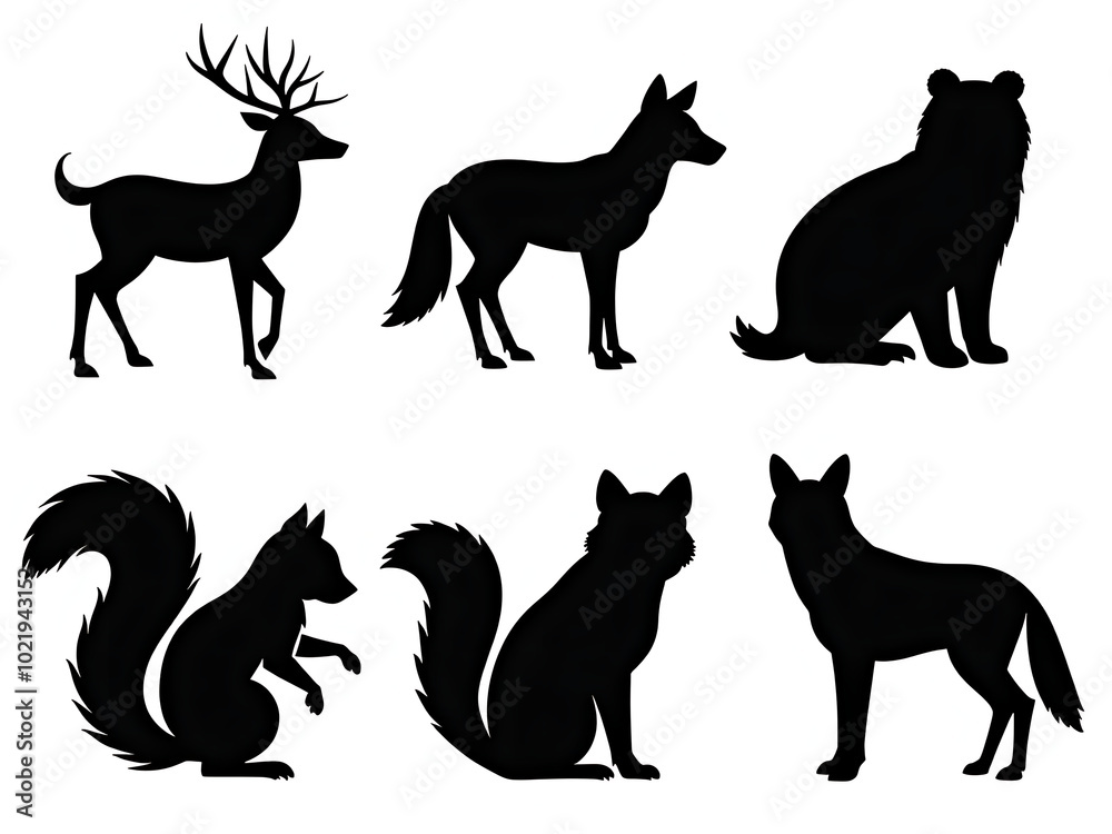 Black & white Silhouettes set of deer, foxes, lion and squirrels. Black & white Silhouettes set of deer, foxes, lion and squirrels.