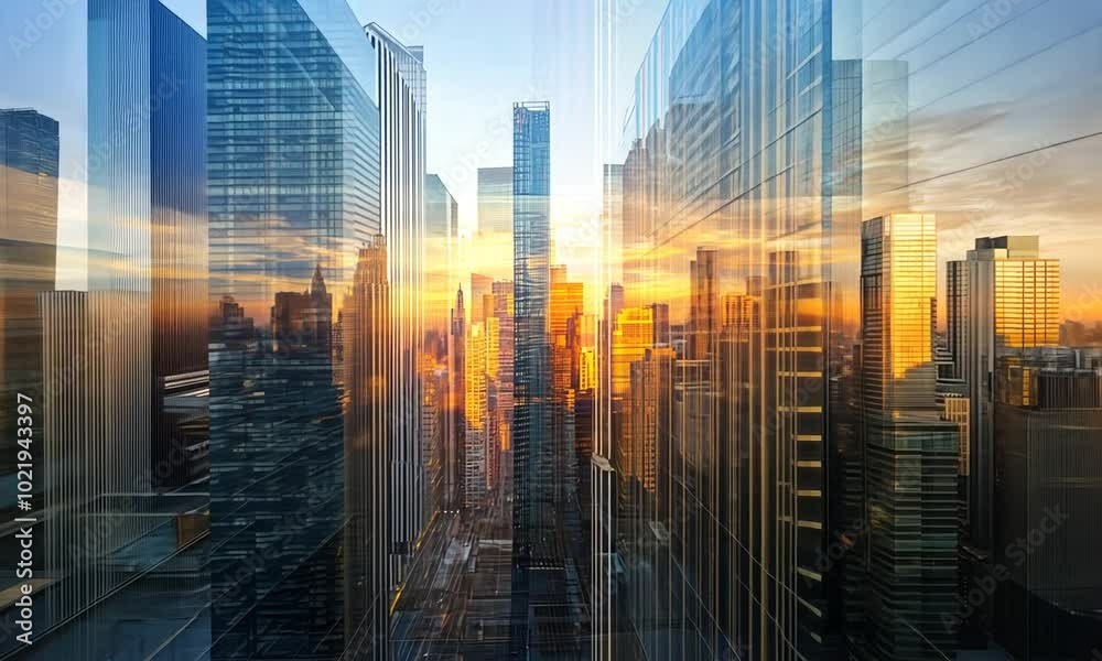 Cityscape at Sunset with Multiple Reflections and Overlapping Glass Buildings Cityscape at Sunset with Multiple Reflections and Overlapping Glass Buildings