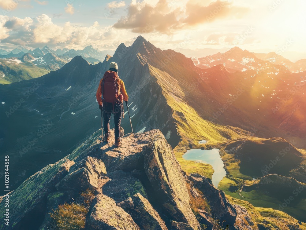 adventurous hiker scaling a majestic mountain, surrounded by breathtaking landscapes, capturing the essence of exploration and the spirit of the great outdoors