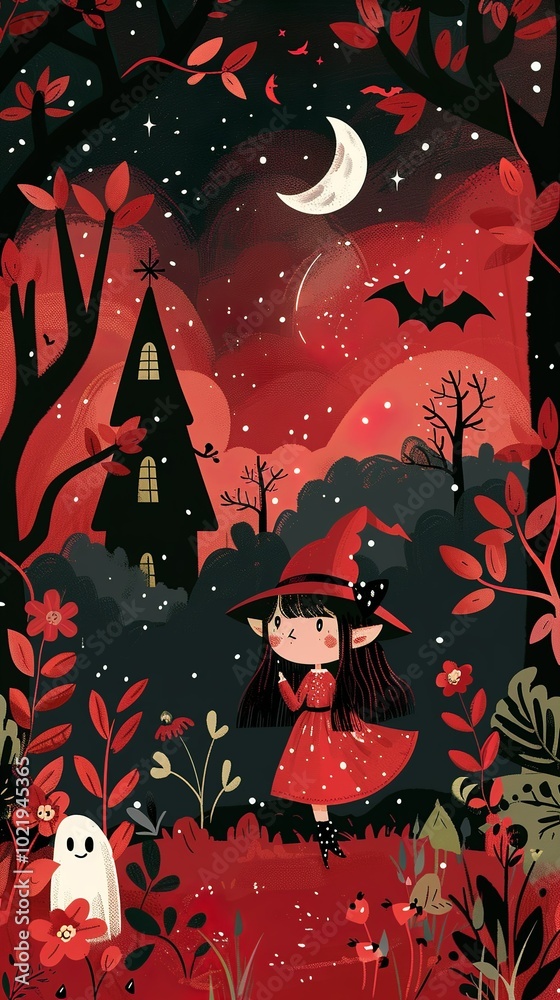 Stylish illustration of a cute witch in a red and black costume, a full-body... Stylish illustration of a cute witch in a red and black costume, a full-body...
