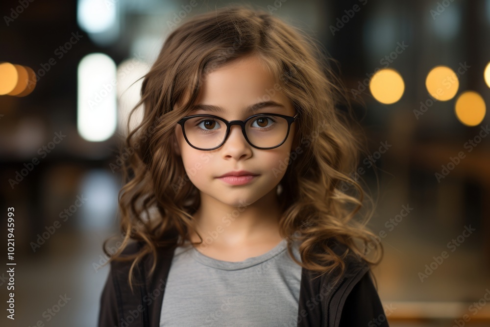 portrait of little girl in eyeglasses over blur lights background portrait of little girl in eyeglasses over blur lights background