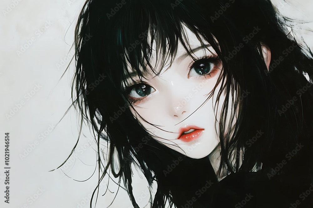Anime girl with black hair and green eyes looking at the camera Anime girl with black hair and green eyes looking at the camera