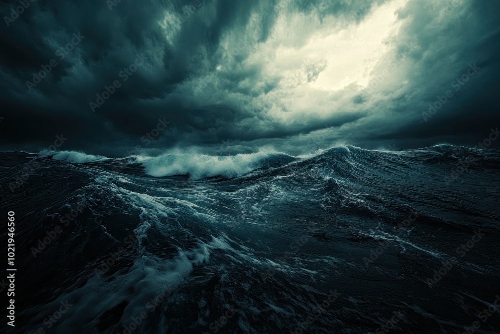Dark Waves Crashing Against Rocky Shoreline