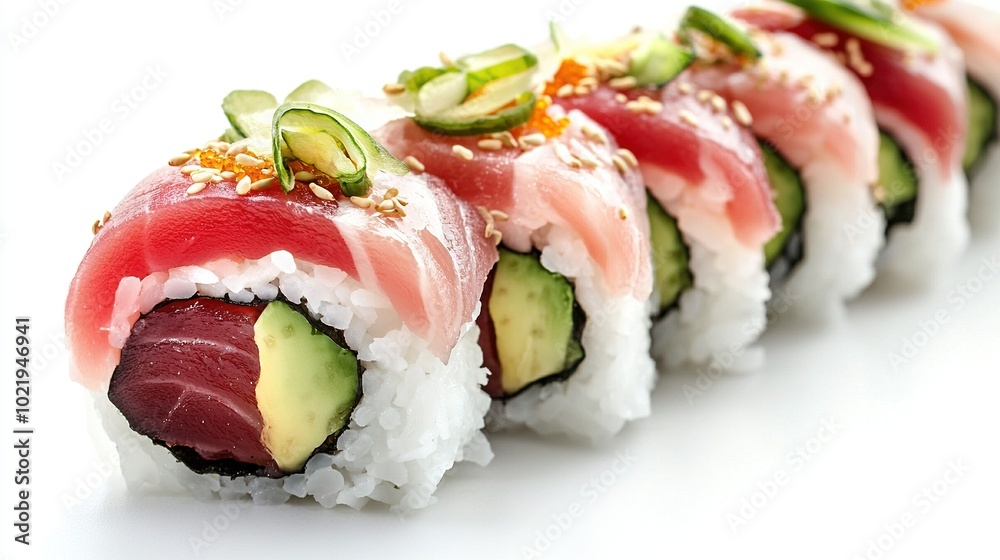 Sushi rolls with cucumber, avocado, and sesame seeds on a white background Sushi rolls with cucumber, avocado, and sesame seeds on a white background