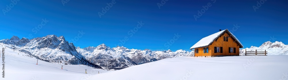 Snowy Landscape with Isolated House in Mountains Snowy Landscape with Isolated House in Mountains