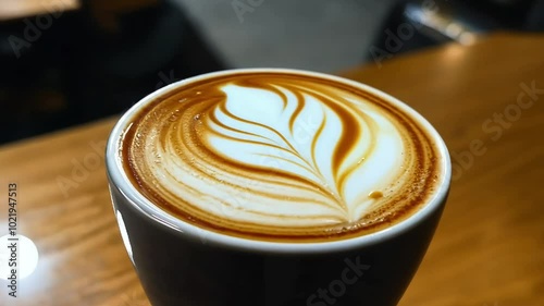 A cup of coffee with beautiful latte art, capturing the perfect swirl of milk foam in a cozy café setting