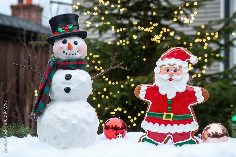A photo of a Christmas festive scene with a snowman and a gingerbread Santa. There's a Christmas tree with twinkling lights. A photo of a Christmas festive scene with a snowman and a gingerbread Santa. There's a Christmas tree with twinkling lights.