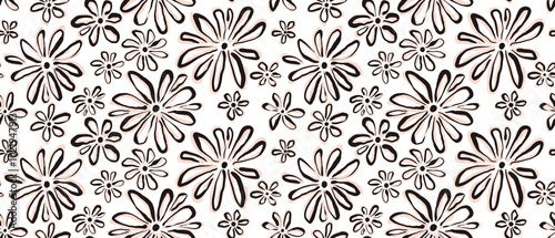 Seamless abstract botanical pattern. Black and brown flowers on white background. Digital brush strokes. Design for textile fabrics, wrapping paper, background, wallpaper, cover.