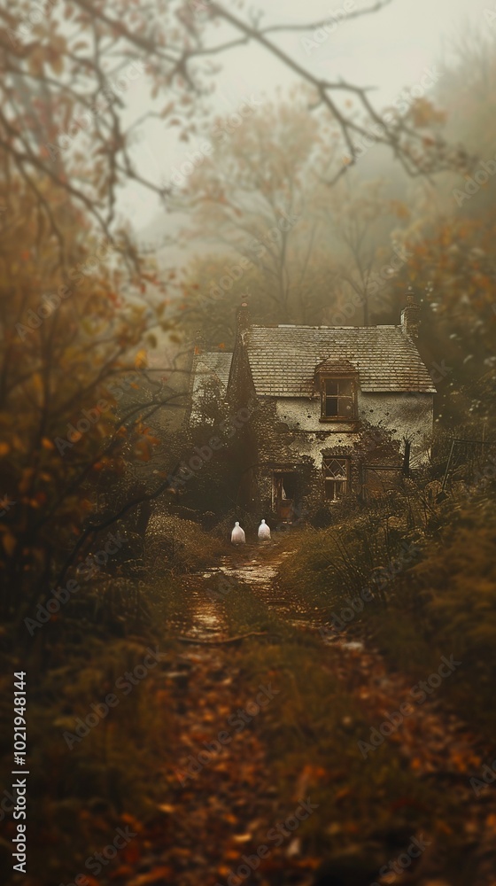 Two small white figures in the foreground, an old English farmhouse in the... Two small white figures in the foreground, an old English farmhouse in the...