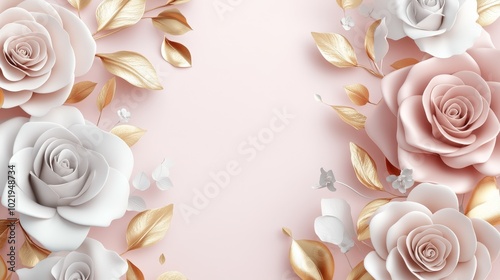 Elegant arrangement of white and pink roses with golden leaves on a soft pink background.