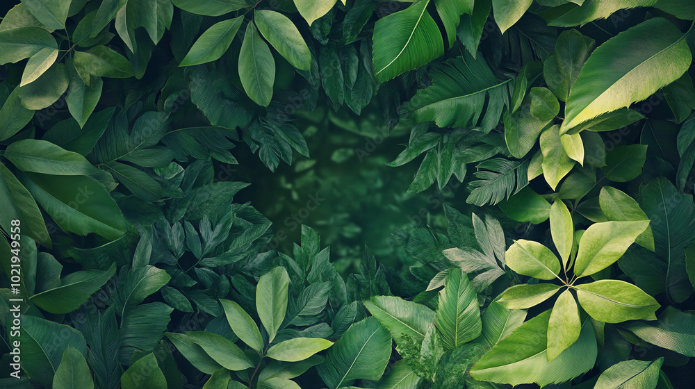 custom made wallpaper toronto digitalA dense arrangement of various green leaves forming a natural frame, showcasing different shades and textures of leaves in an intricate pattern.