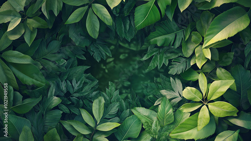 A dense arrangement of various green leaves forming a natural frame, showcasing different shades and textures of leaves in an intricate pattern.