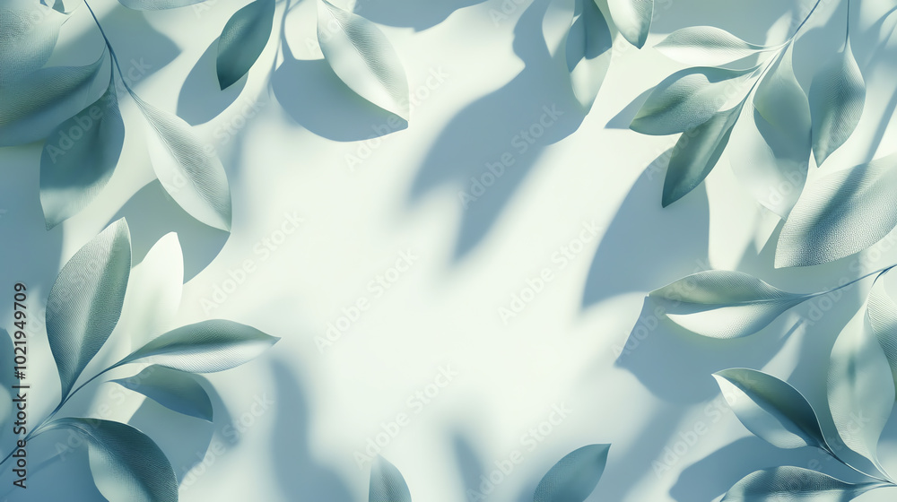 A serene arrangement of green leaves casting shadows on a soft, light background, creating a calming and natural atmosphere. A serene arrangement of green leaves casting shadows on a soft, light background, creating a calming and natural atmosphere.