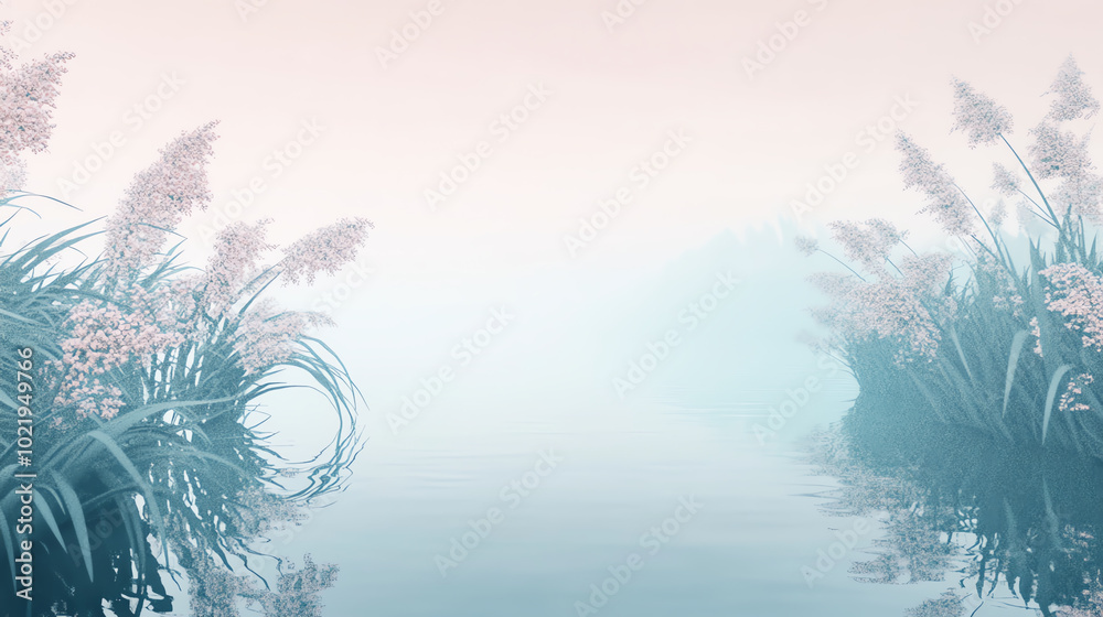 A serene landscape featuring soft pastels and misty water, with tall grasses gracefully reflecting on the calm surface, evoking tranquility. A serene landscape featuring soft pastels and misty water, with tall grasses gracefully reflecting on the calm surface, evoking tranquility.