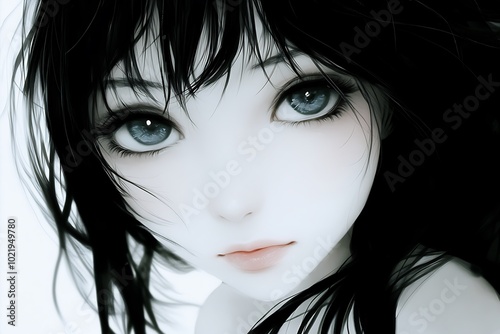 Anime girl portrait with big eyes, black hair and white background. Illustration of a female anime character with soft facial features