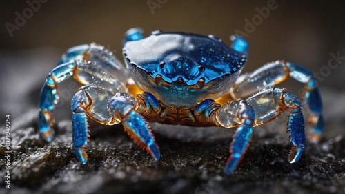 Crystal crab perched on a rock, with a backdrop of sunlit ocean and clear blue water