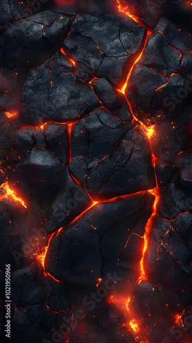 A top-down view of the dark, jagged surface of an erupting volcano with lava flowing down it